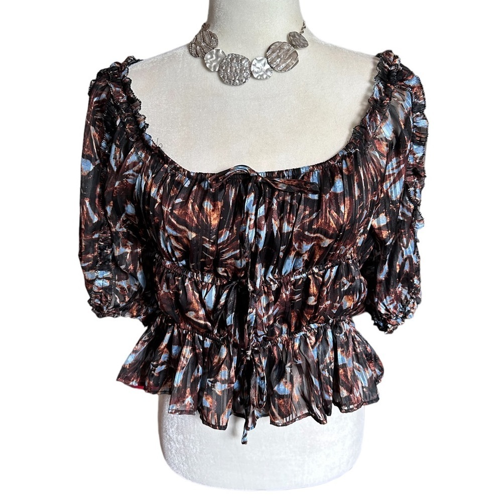 House of Harlow 1960 x Revolve Abstract Puff Sleeve Ruffle Blouse